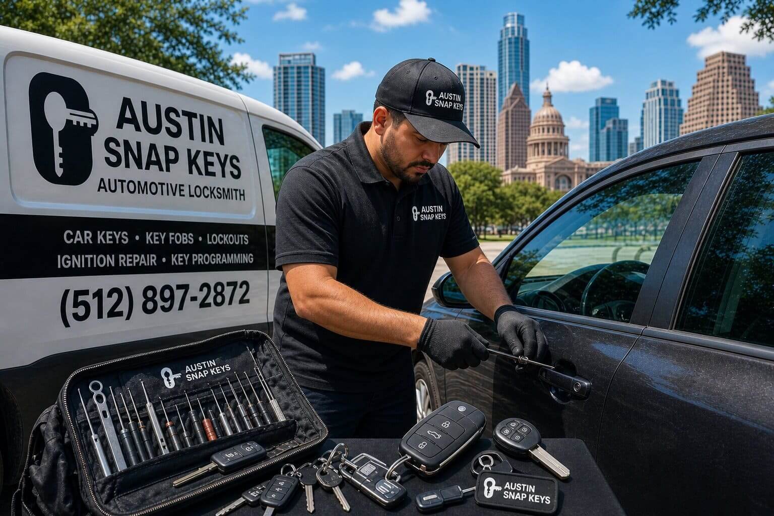 automotive locksmith unlocking car door in Austin TX.