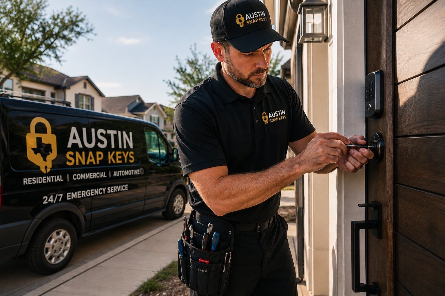 Professional residential locksmith unlocking a modern house door in Austin, TX during an emergency service